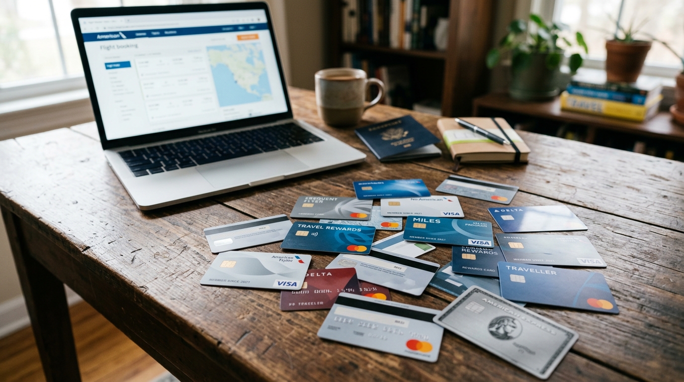 Cartes de fidélité de compagnies aériennes américaines posées sur un bureau