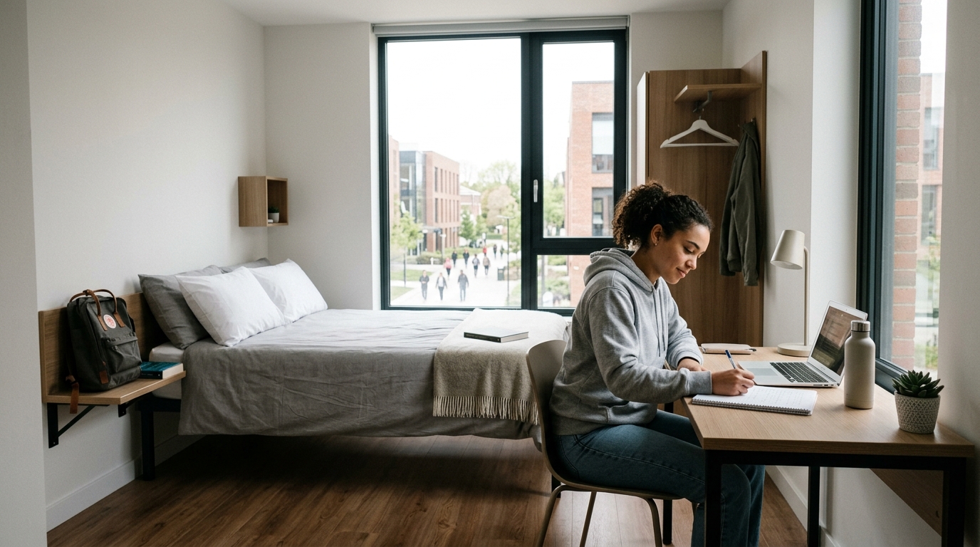 Chambre épurée dans un hôtel pour campus universitaire avec bureau et technologie intégrée