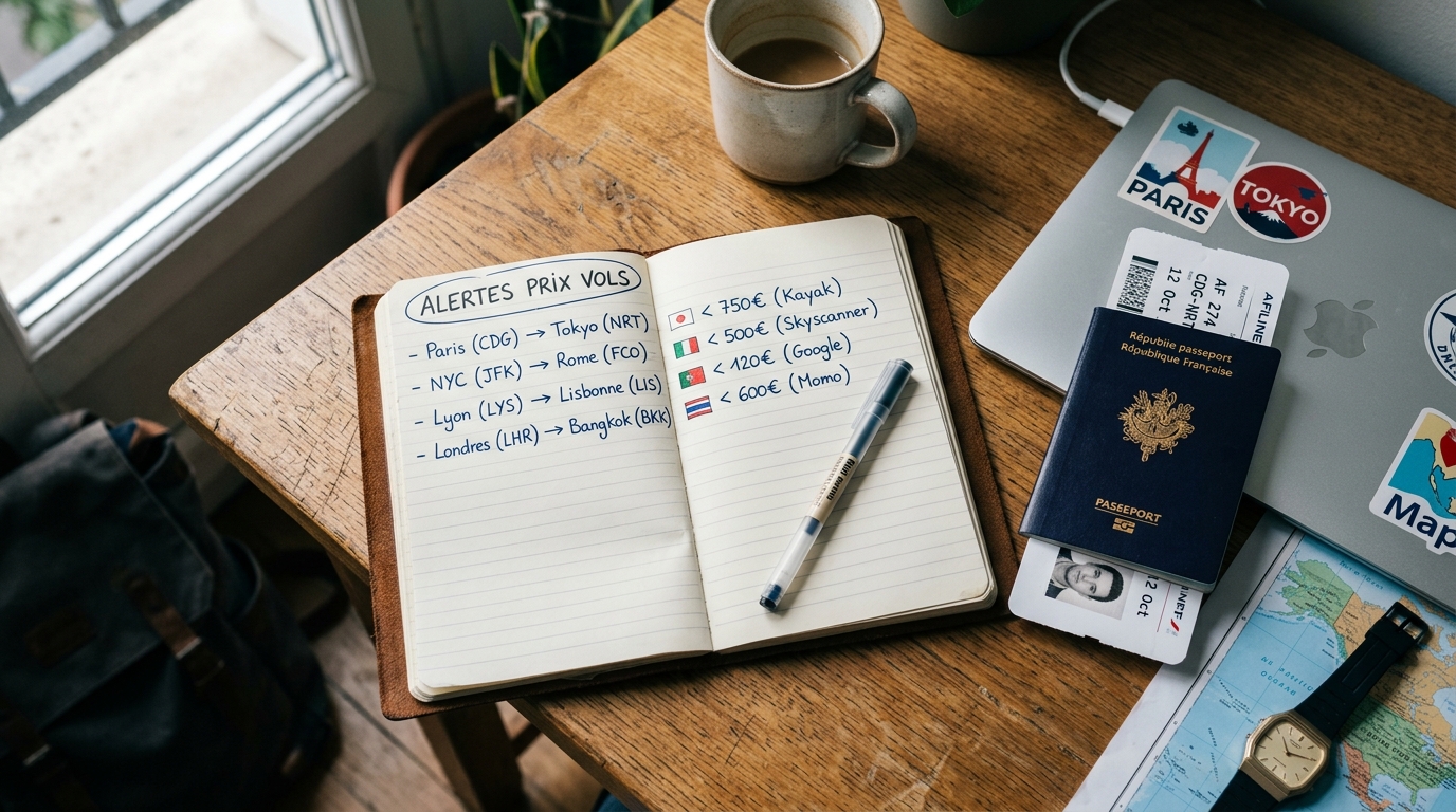 Checklist alerte prix vol sur un carnet de voyage