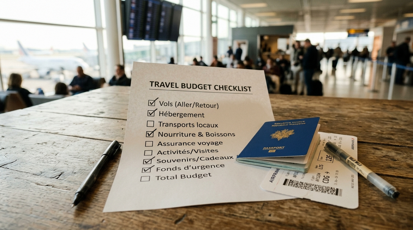 Checklist budget voyage imprimée avec cases à cocher posée sur une table avec passeport