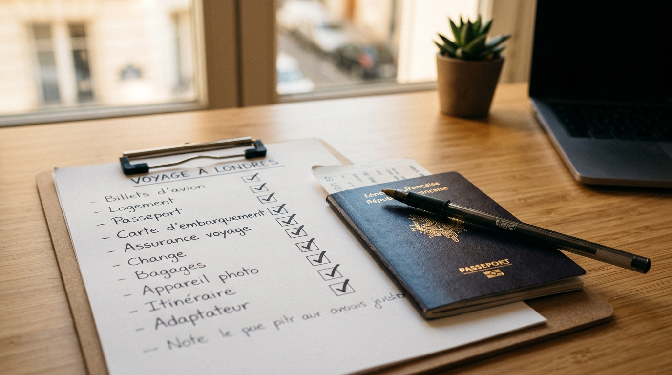 Checklist papier de documents de voyage avec cases cochées, sur un bureau organisé