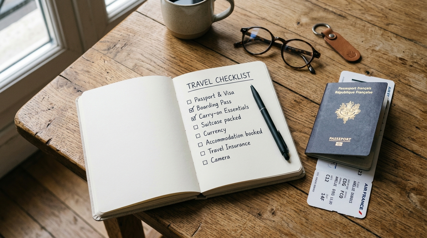 Checklist de voyage posée sur une table avec passeport et billet d'avion