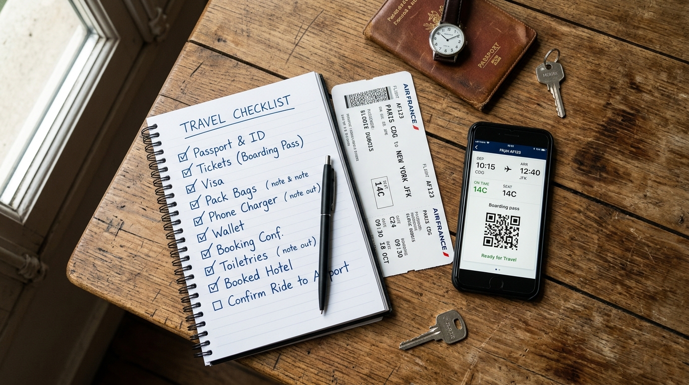 Checklist de voyage posée sur une table avec un billet d'avion et un téléphone