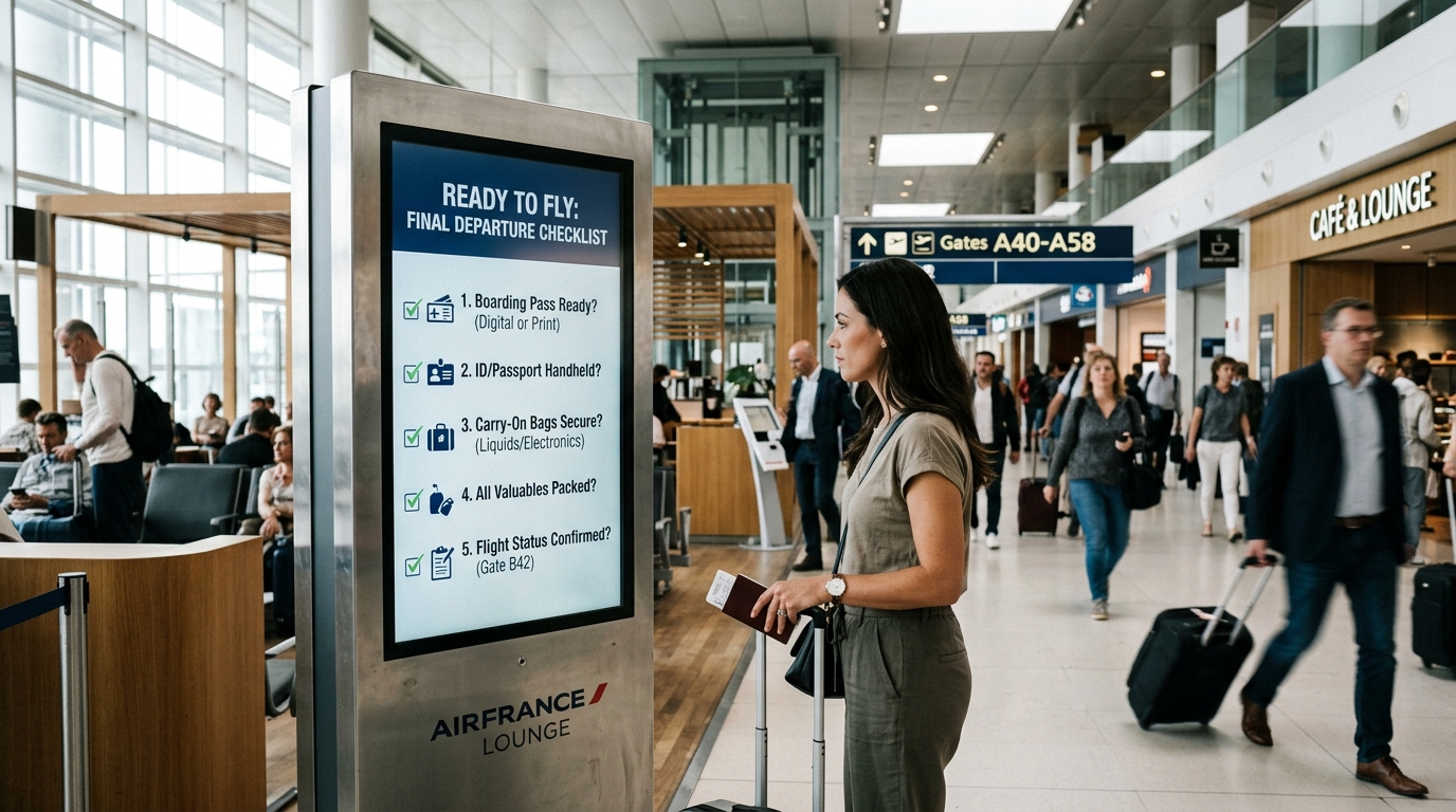 Checklist de droits passagers affichée sur un écran dans un aéroport moderne