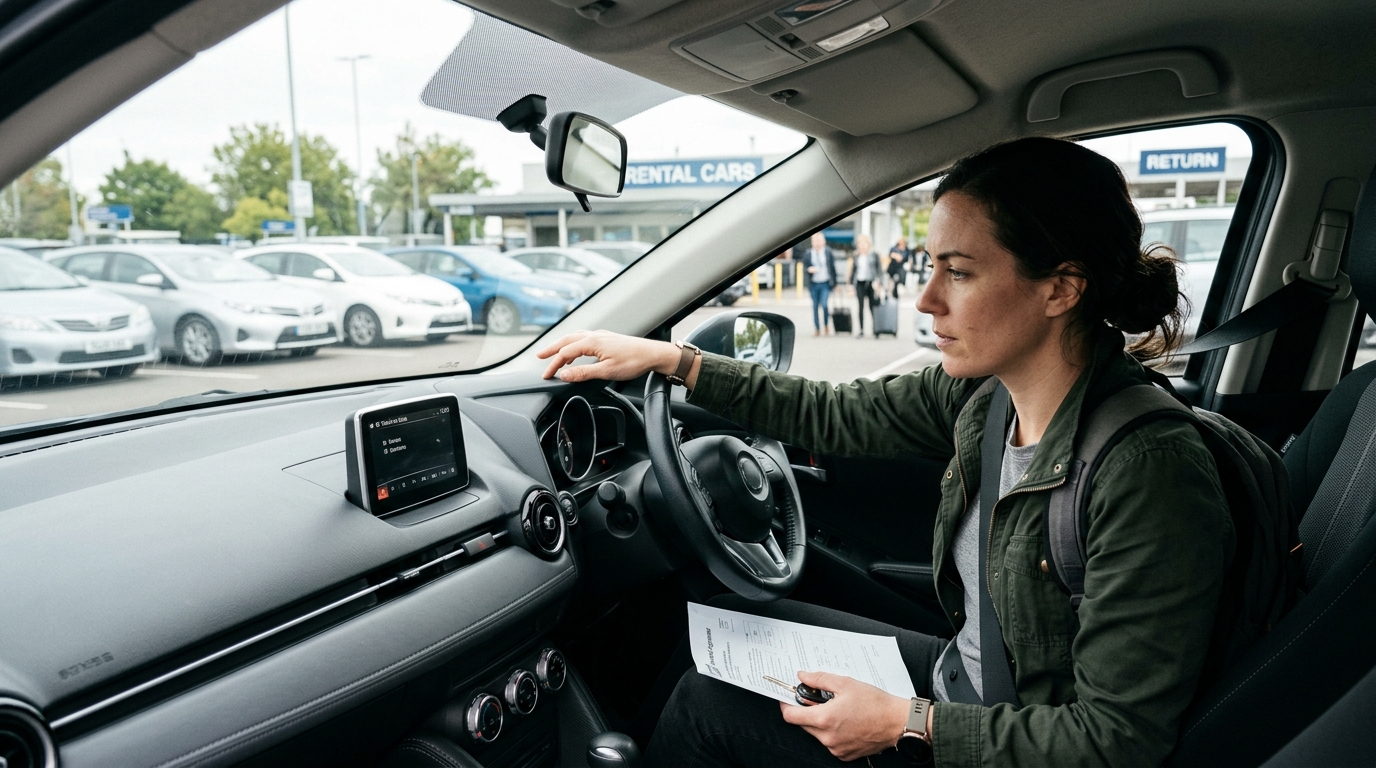 Client en train de vérifier l'intérieur d'une voiture de location avant de partir