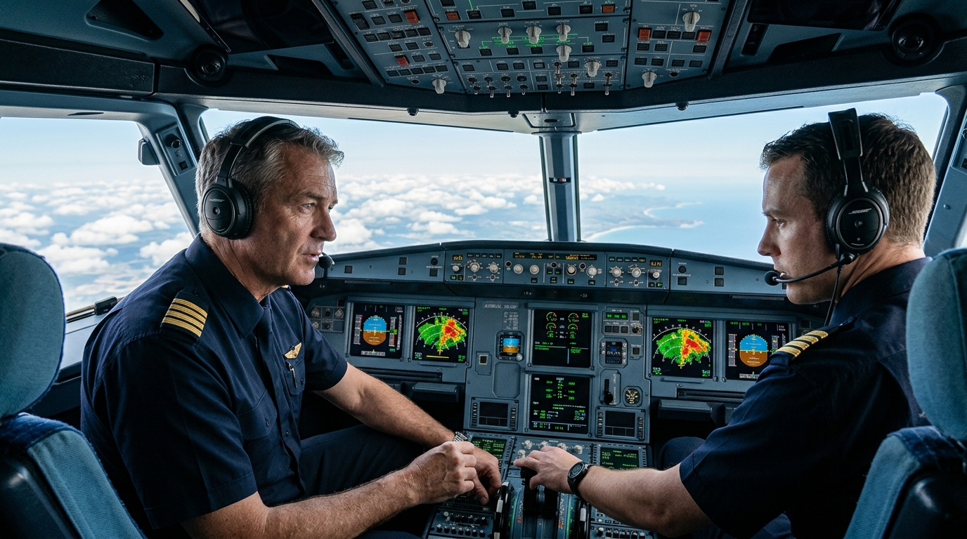 Cockpit d'un avion long-courrier avec deux pilotes en plein vol transatlantique