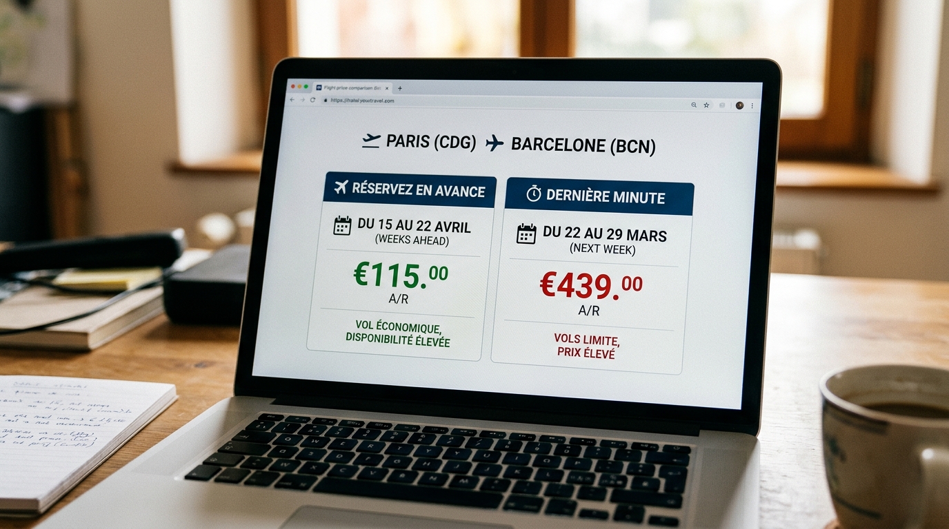 Comparaison de prix de billets d'avion sur un écran d'ordinateur, dates différentes