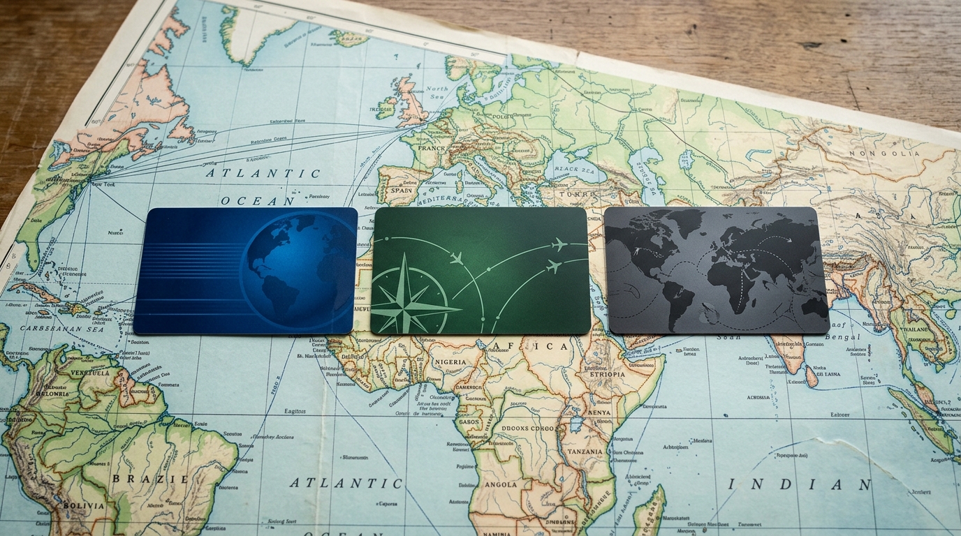 Comparaison visuelle de cartes de fidélité aériennes posées sur une carte du monde
