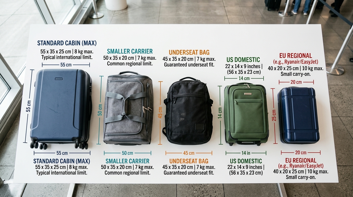 Tableau comparatif dimensions valise cabine différentes compagnies aériennes