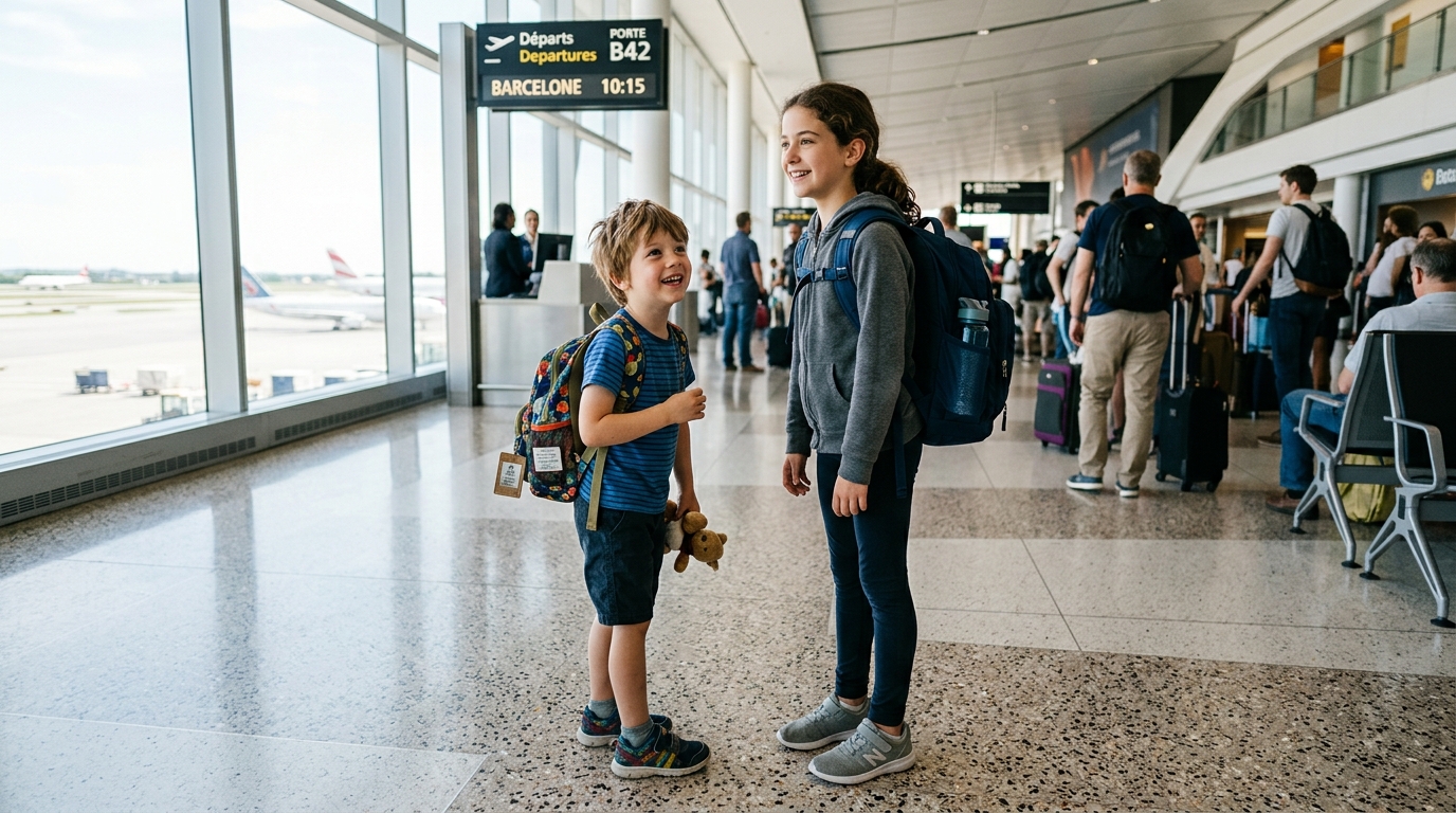 Enfants avec leur sac à dos dans un aéroport, prêts à embarquer en famille