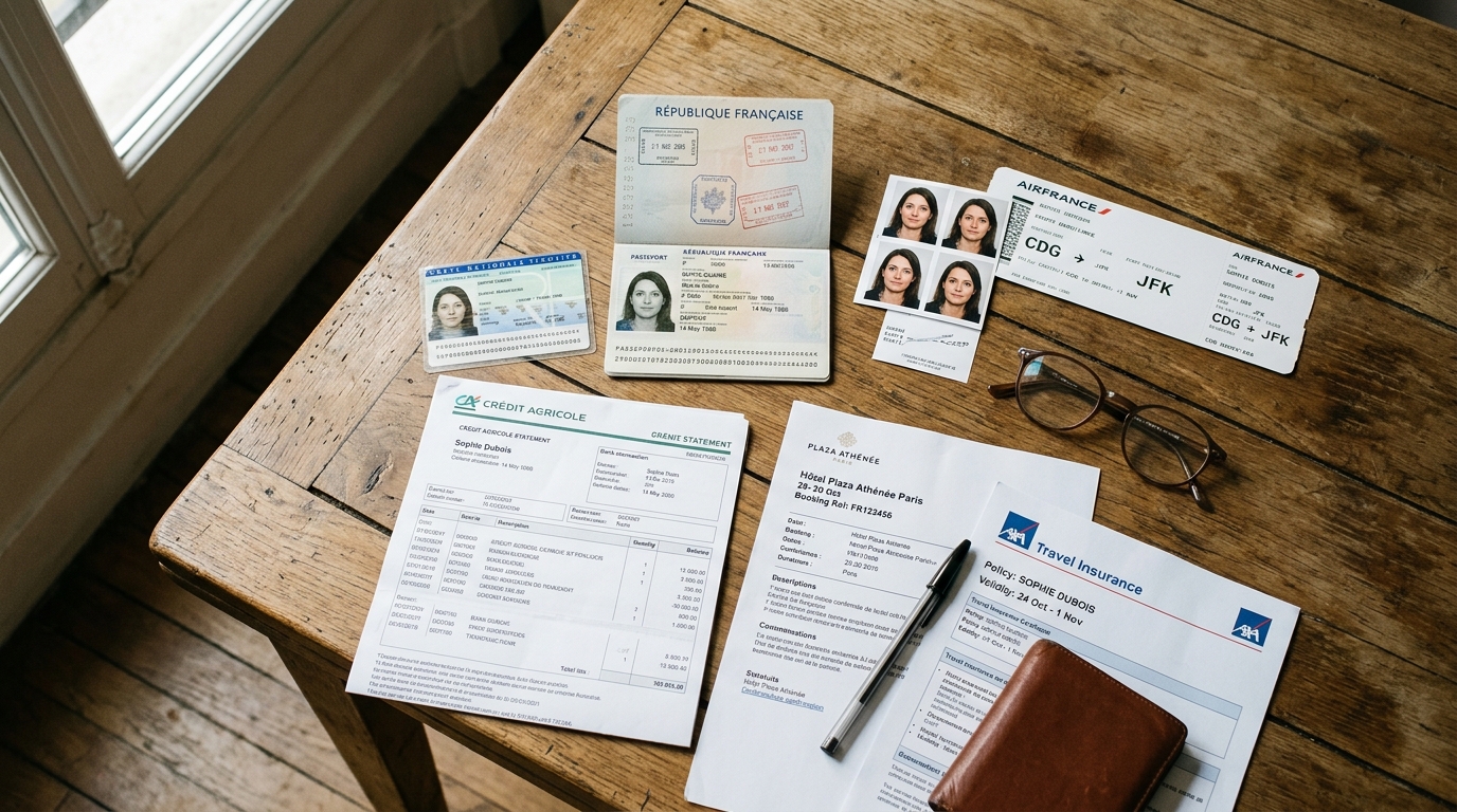 Documents visa alignés sur une table : passeport, photos d'identité, formulaires et relevés bancaires