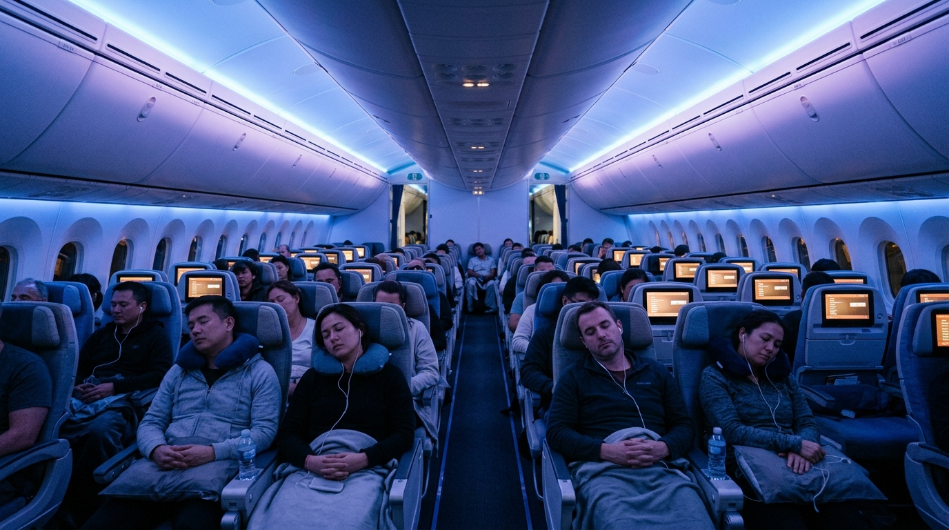 Vue intérieure d'un Airbus A380 en vol avec éclairage LED bleu et passagers installés en classe économique