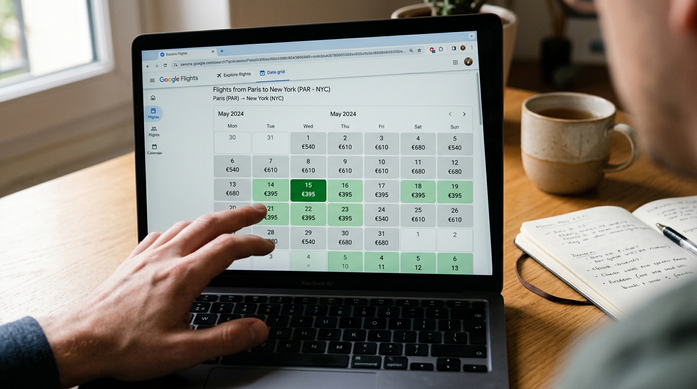 Écran d'ordinateur affichant Google Flights avec calendrier de prix