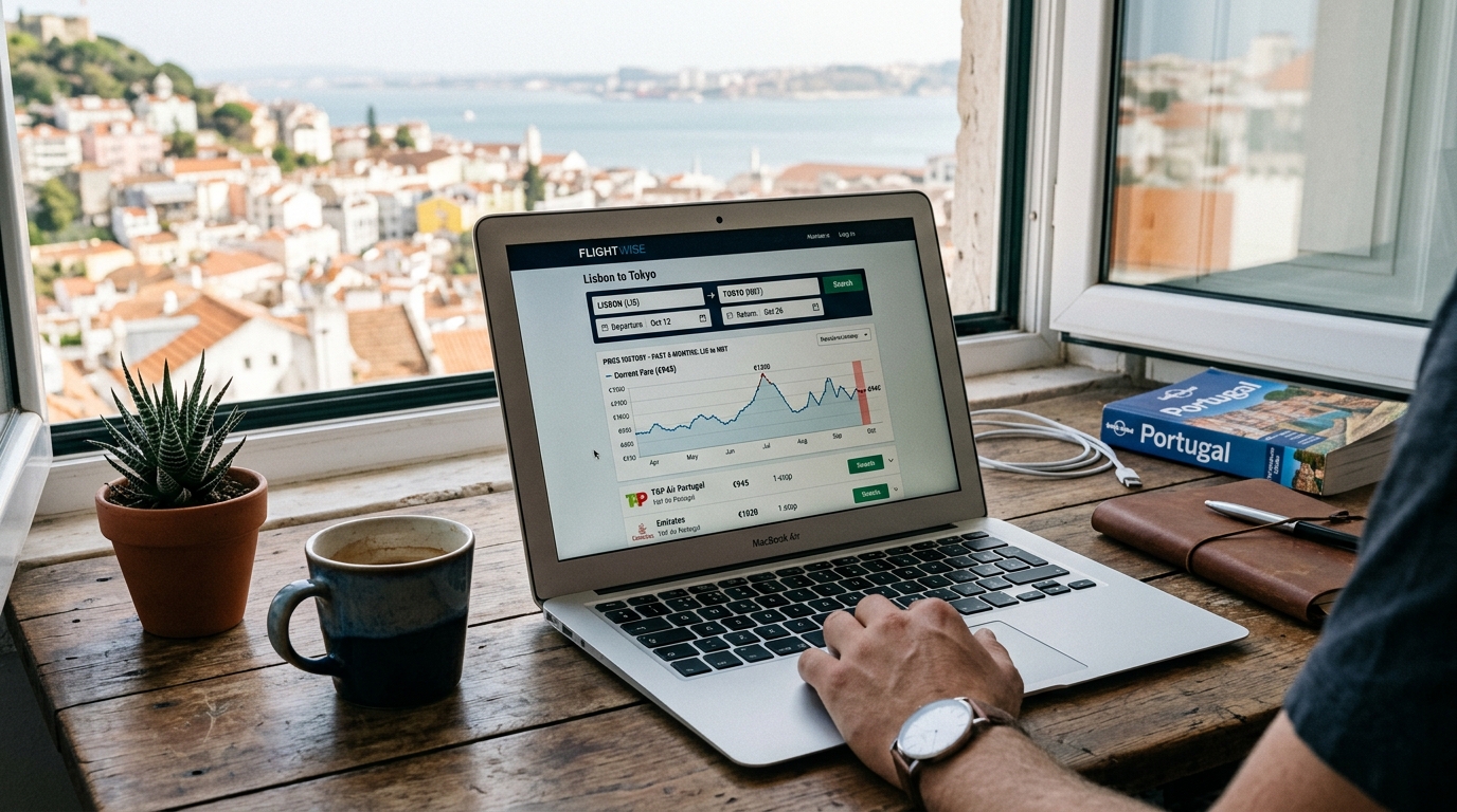 Écran d'ordinateur avec comparateur de vols et graphique de fluctuation des prix