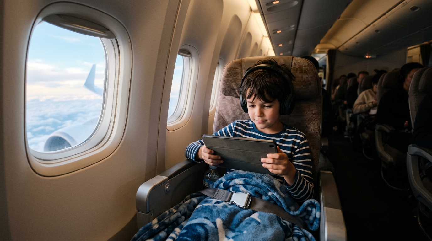 Enfant dans un avion qui regarde par le hublot avec une tablette posée sur ses genoux