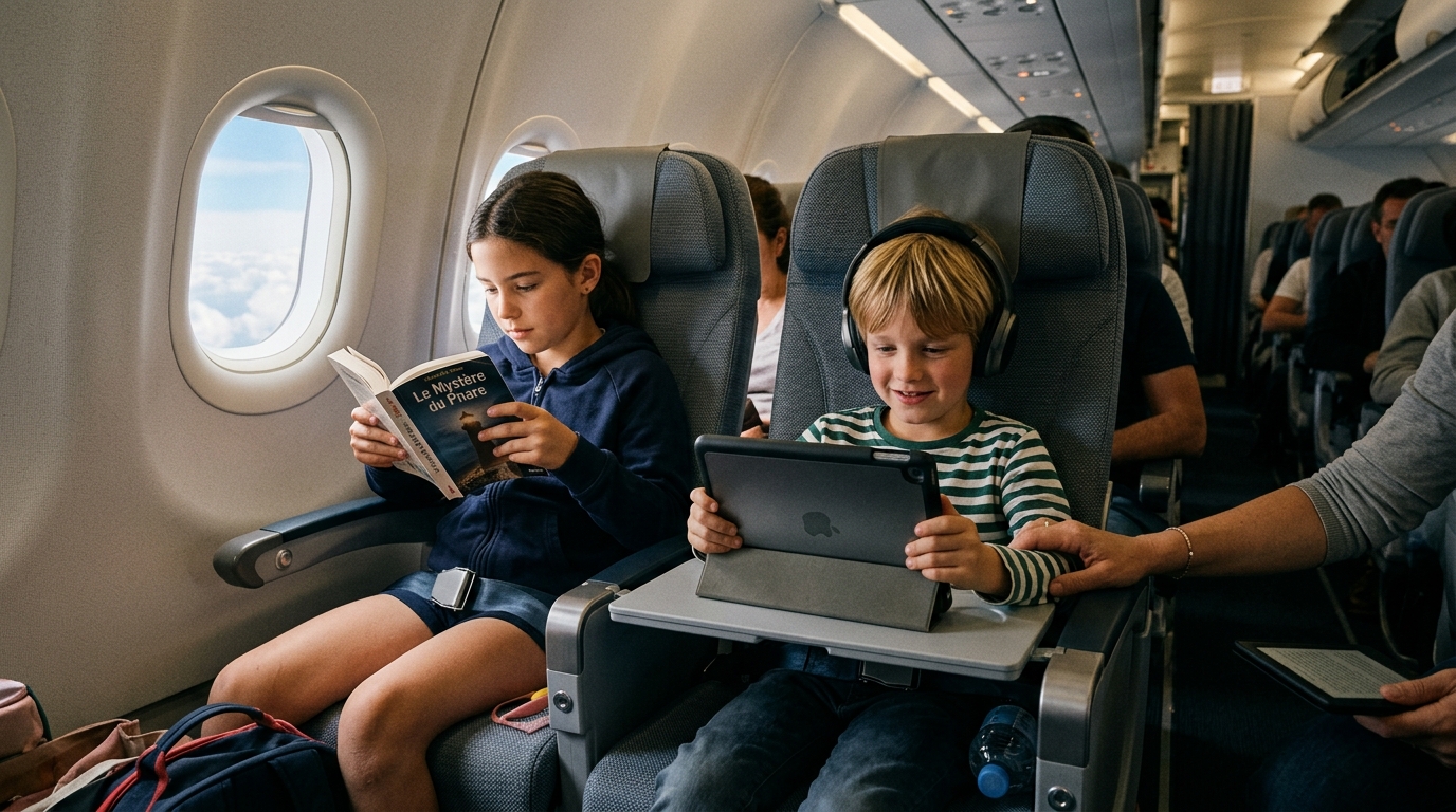 Enfants installés dans un avion avec tablette et livre