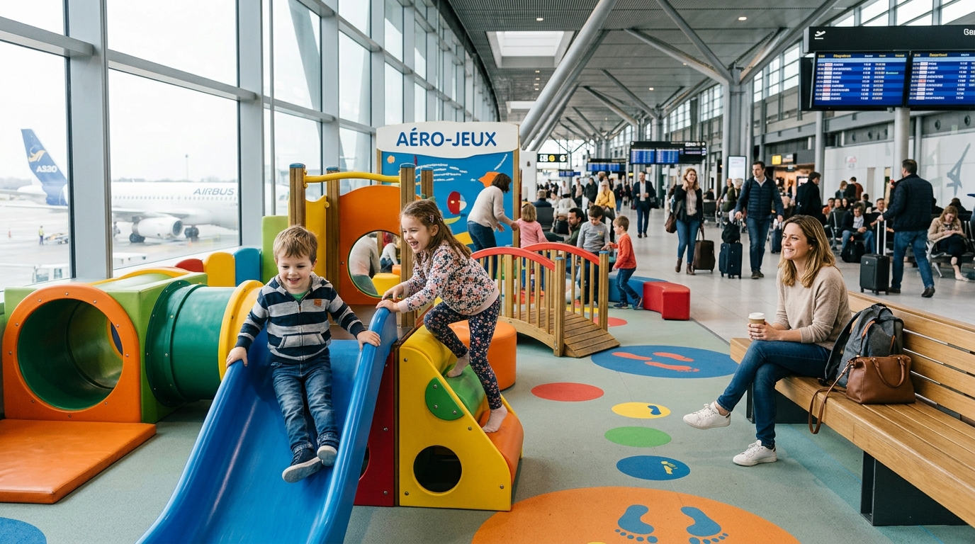 Enfants dans un espace jeux d'aéroport avant embarquement