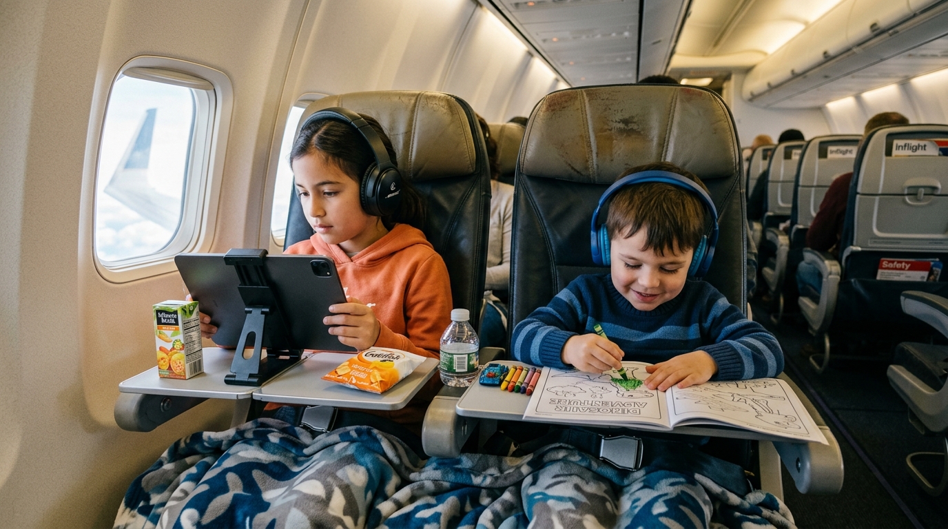 Enfants occupés avec activités dans avion long-courrier
