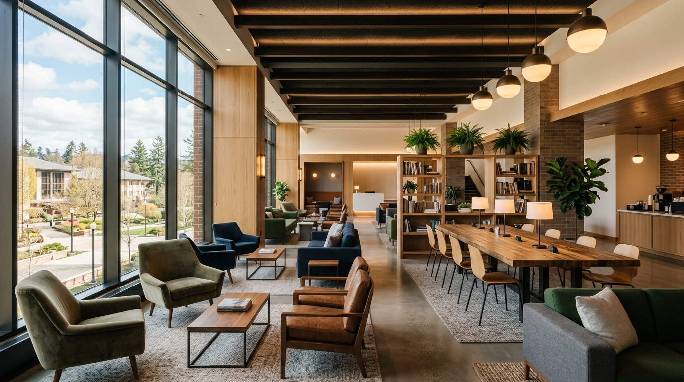Lobby moderne d'un hôtel Hilton campus avec espaces d'étude et design contemporain