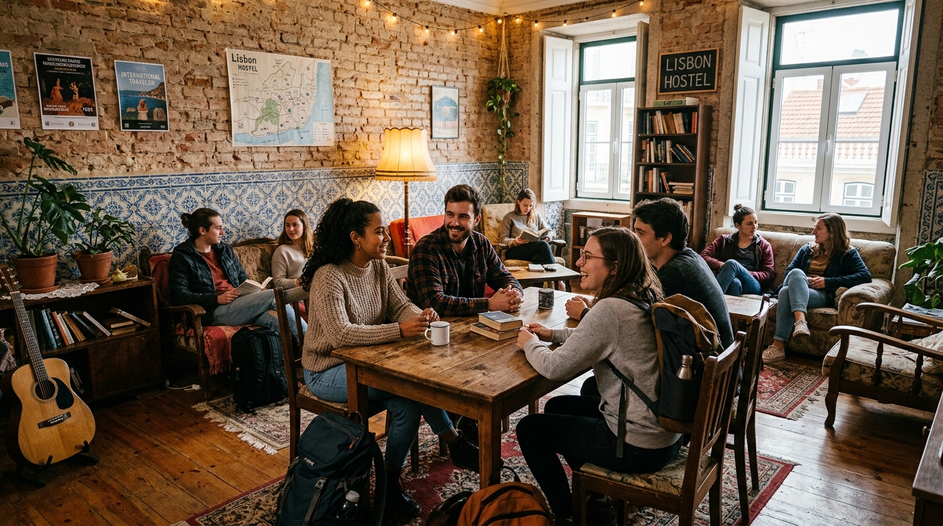 Espace commun d'une auberge de jeunesse à Lisbonne, ambiance chaleureuse et conviviale
