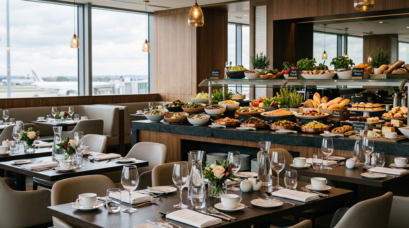 Espace restauration premium dans un lounge VIP d'aéroport américain, buffet et boissons haut de gamme