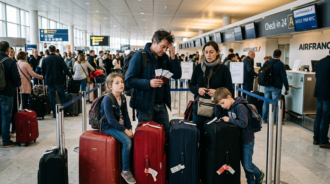 Famille à l'enregistrement avec trop de bagages à l'aéroport