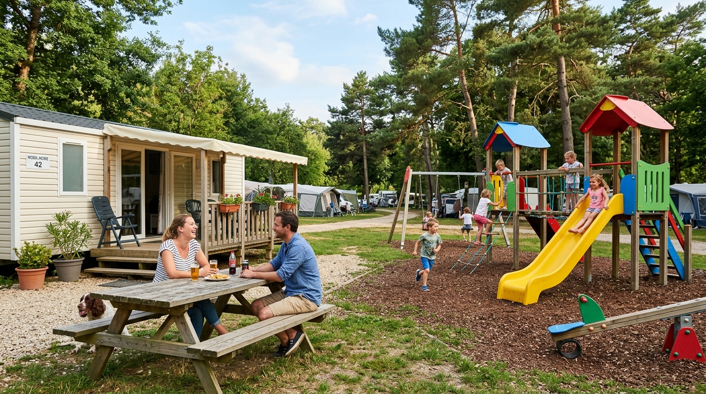 Famille au camping en vacances avec enfants qui jouent