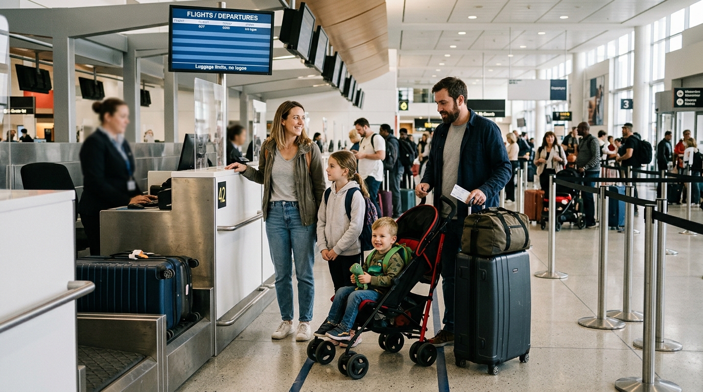 Famille à l'aéroport avec bagages, enfants attendant l'embarquement