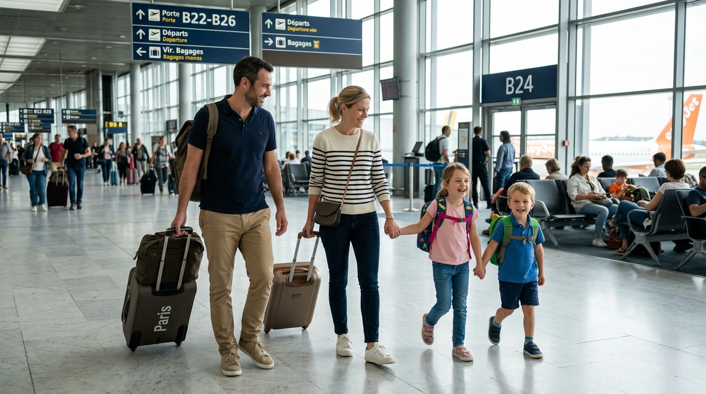 Famille avec deux enfants à l'aéroport, parents souriants et enfants avec leurs petits sacs à dos