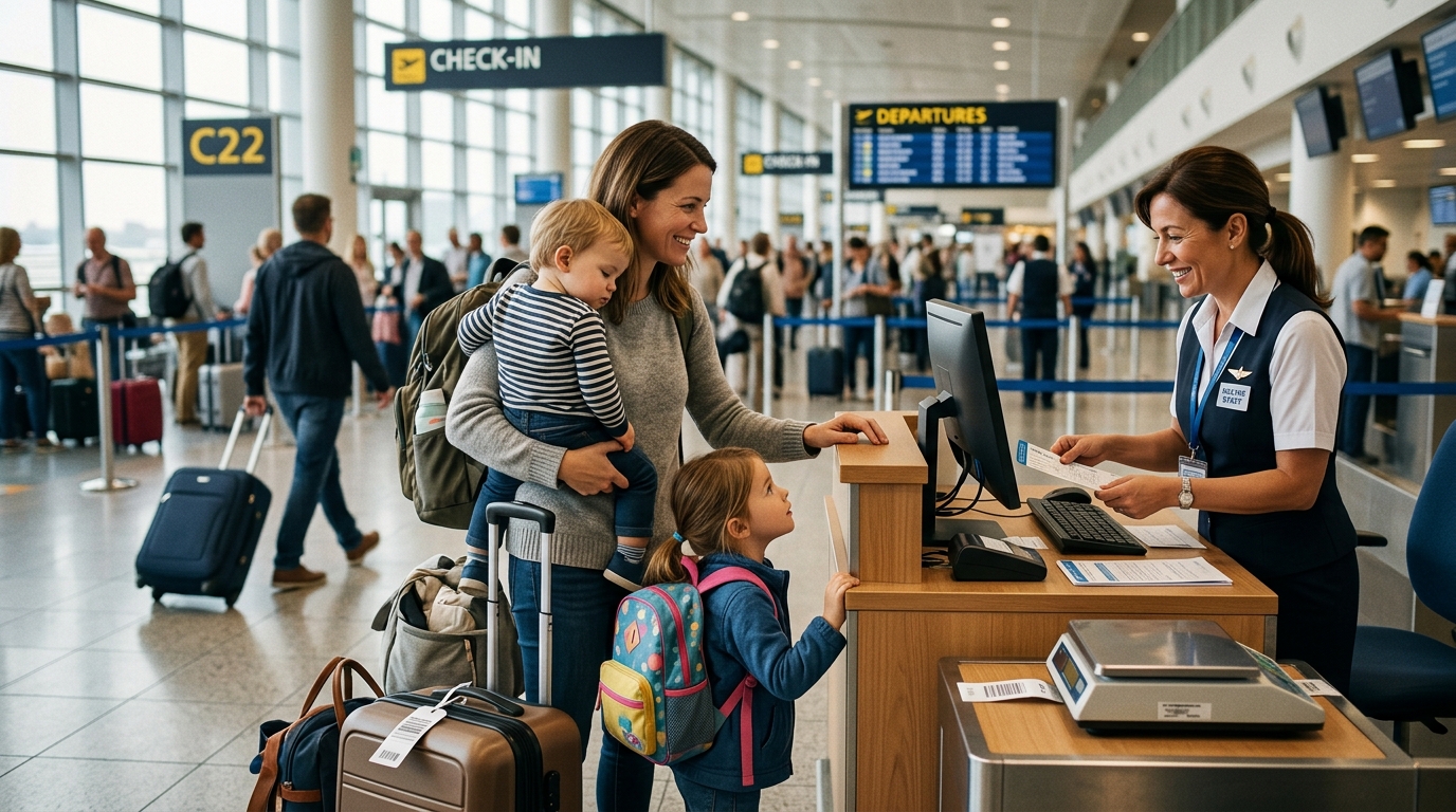 Famille avec enfants à l'aéroport en train de s'enregistrer