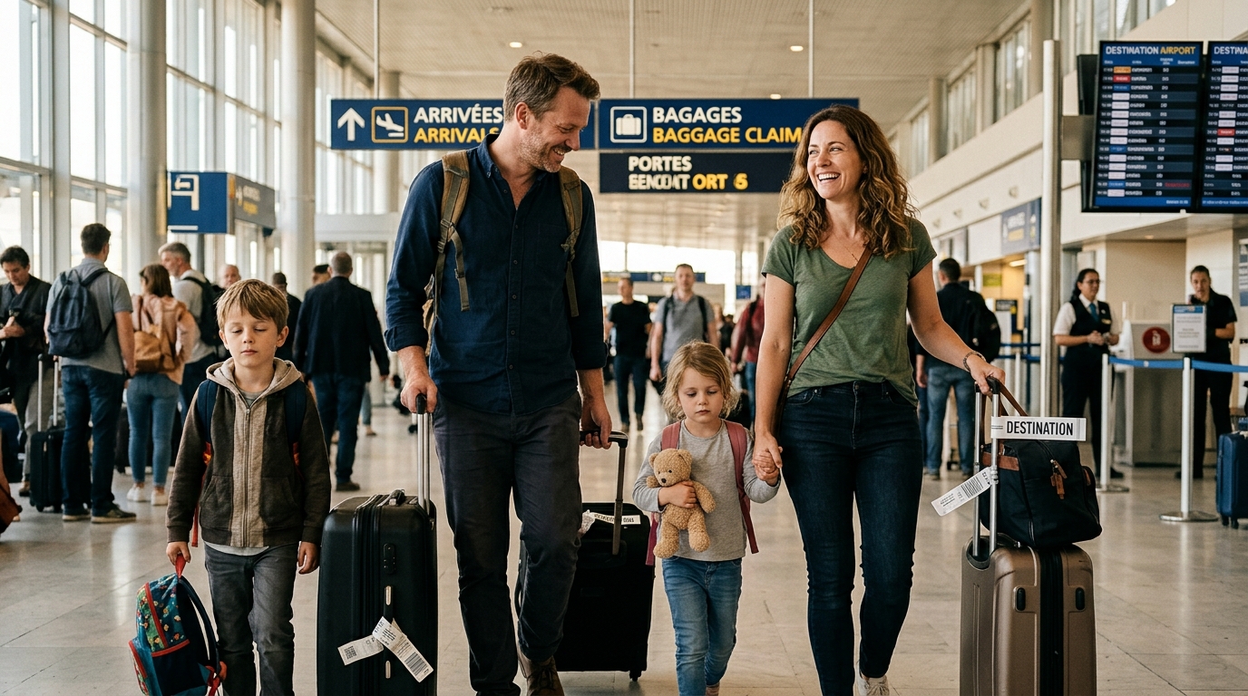 Famille avec enfants arrivant à destination après vol long-courrier