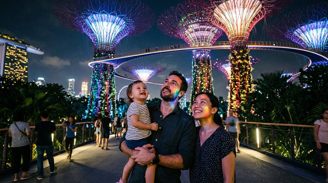 Famille avec jeune enfant visitant Gardens by the Bay à Singapour au coucher du soleil