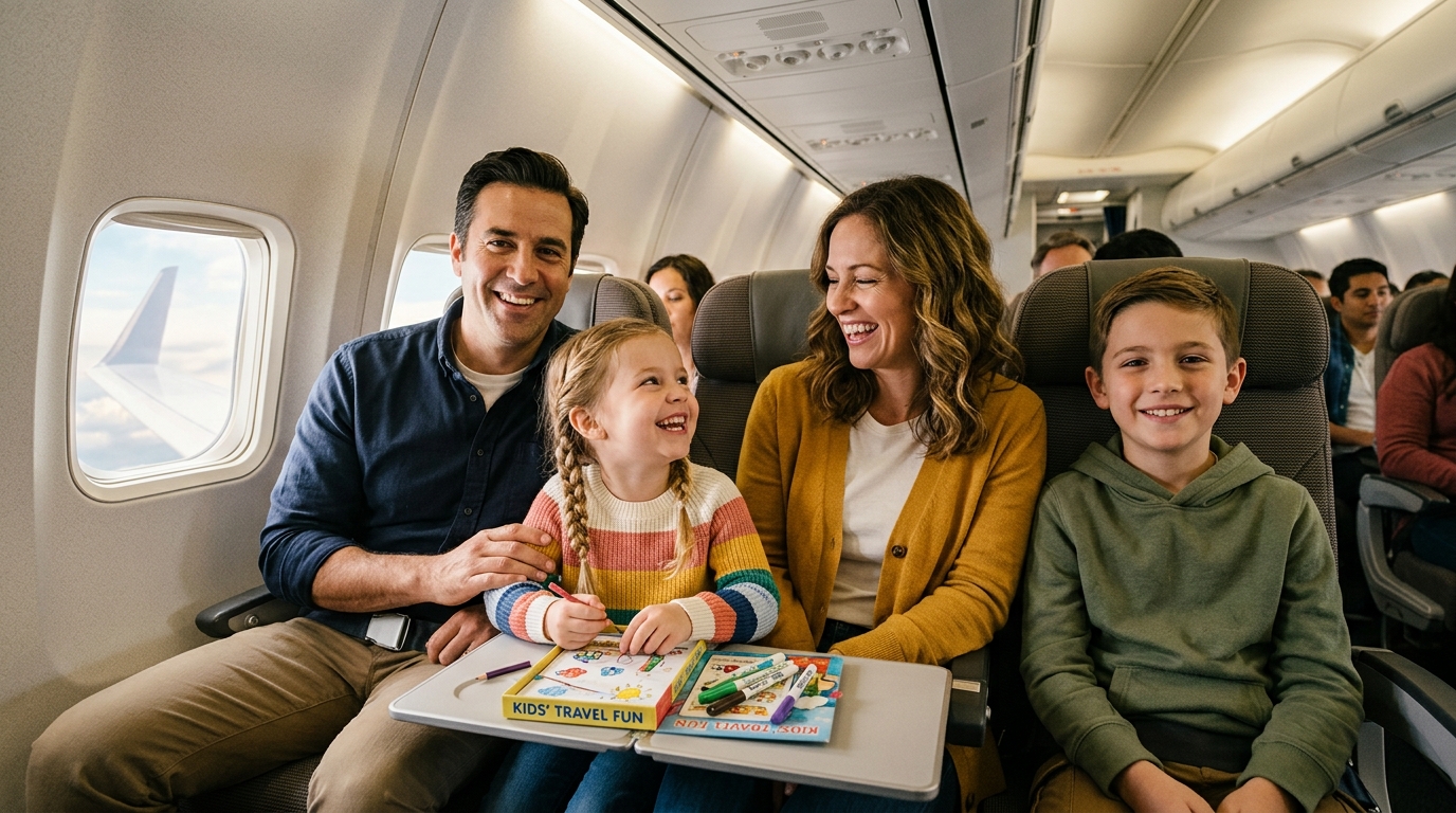 Famille heureuse à bord d'un avion avec enfants souriants