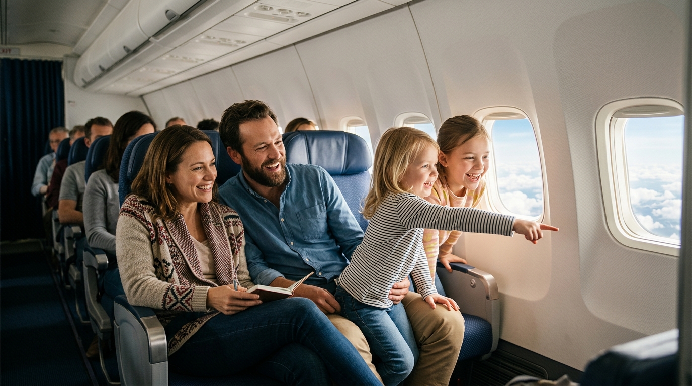 Famille heureuse dans un avion, enfants regardant par le hublot