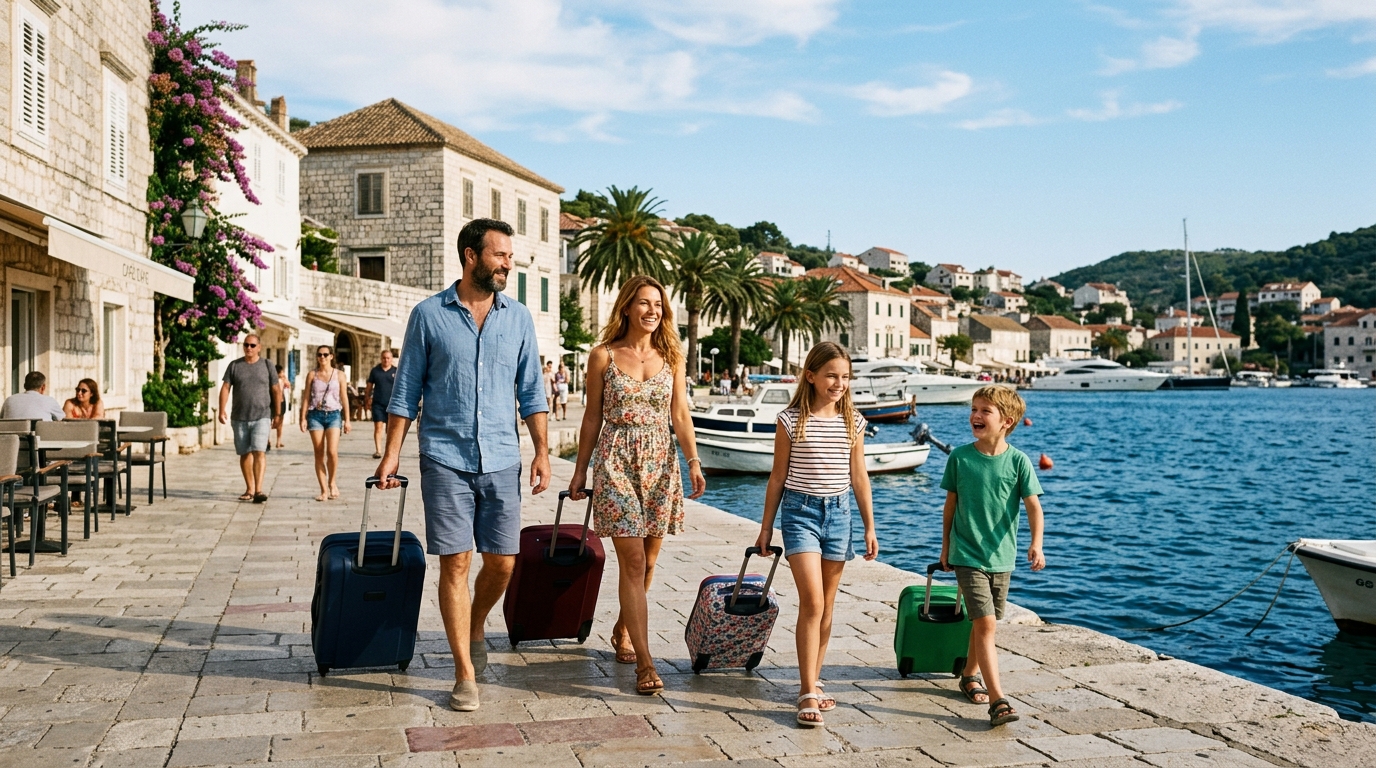 Famille heureuse qui arrive en vacances grâce à un deal erreur tarifaire