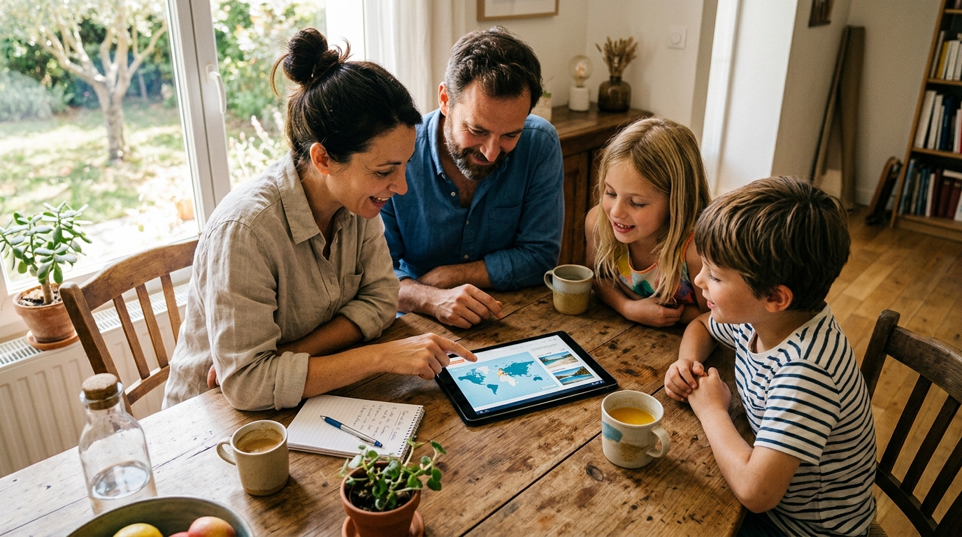 Famille qui consulte un comparateur de prix pour des vacances d'été économiques