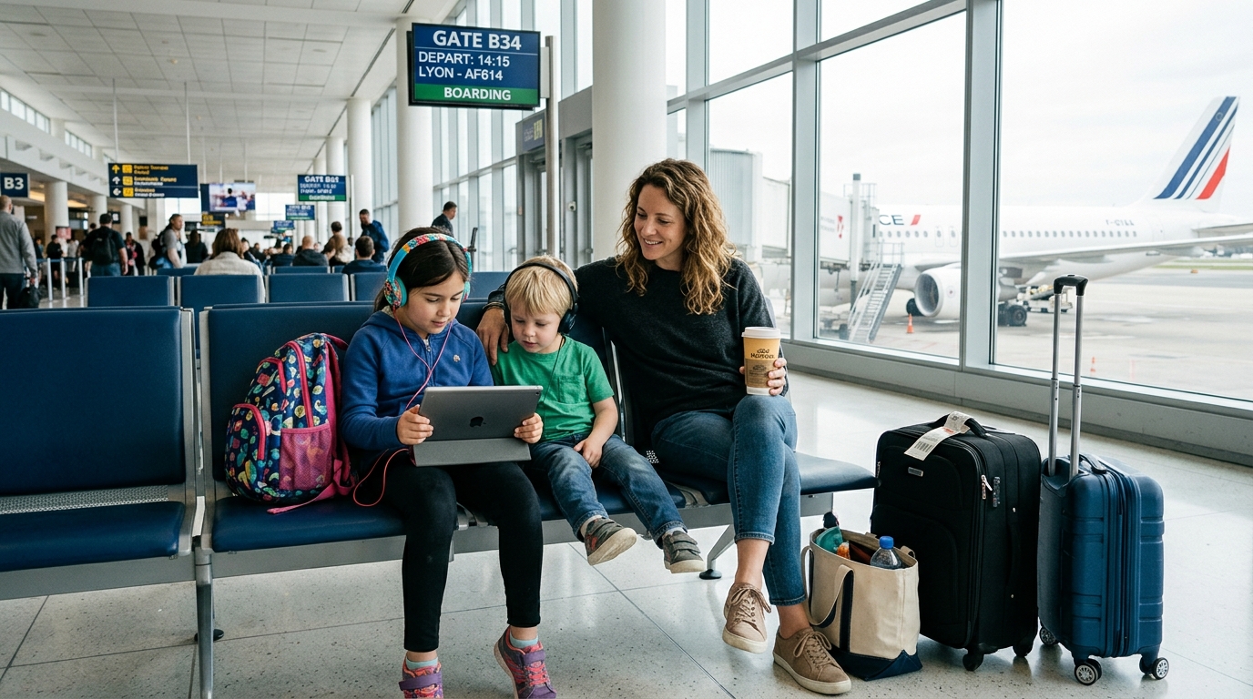 Famille sereine qui attend l'embarquement dans un aéroport