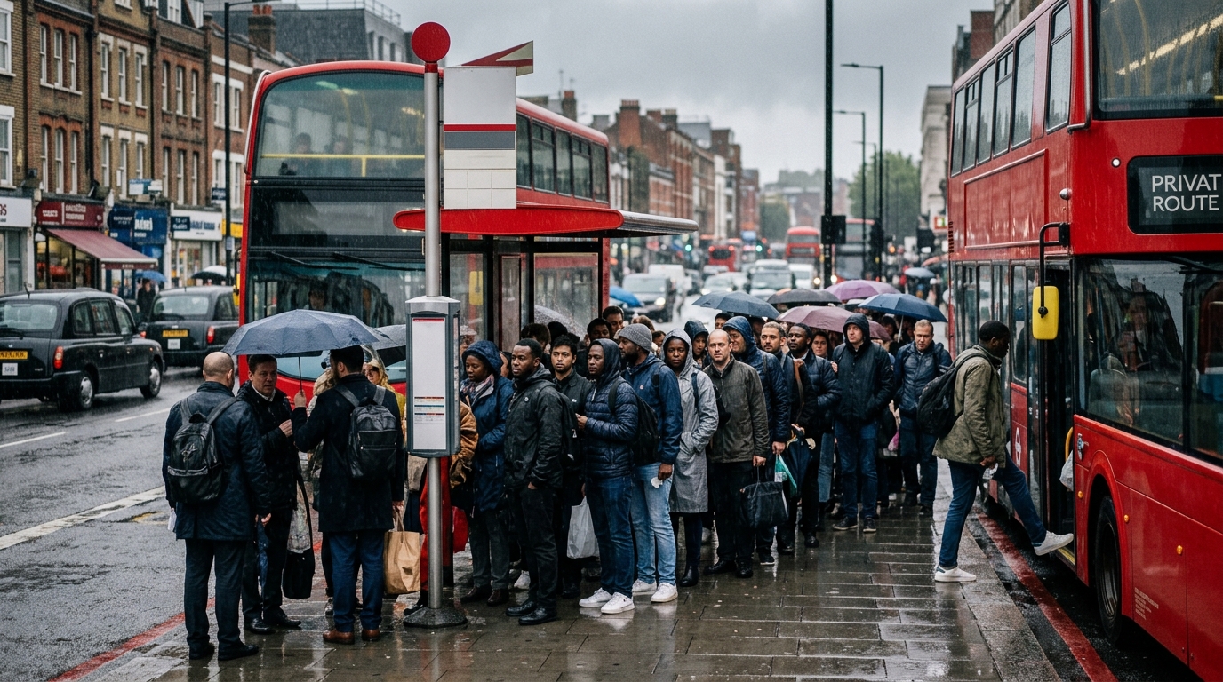 File d'attente devant un arrêt de bus londonien lors d'une grève du métro