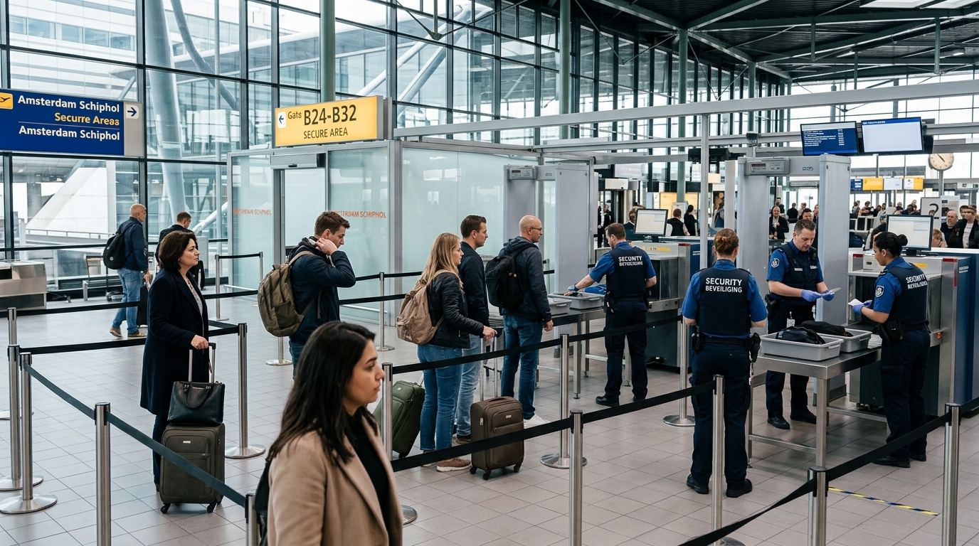 File d'attente au contrôle de sécurité d'un aéroport européen avec passagers et agents