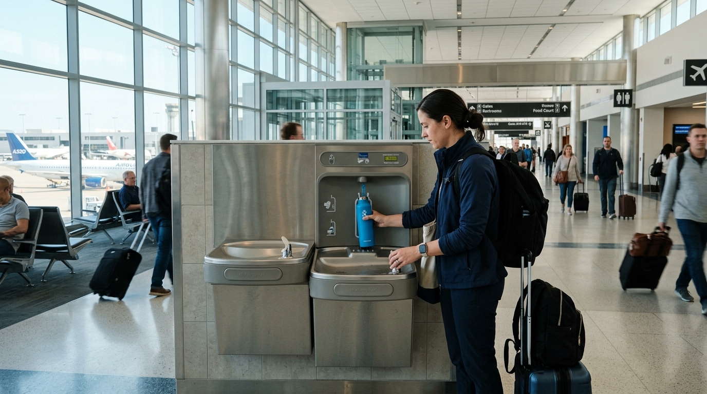 Fontaine à eau côté airside dans un terminal d'aéroport moderne