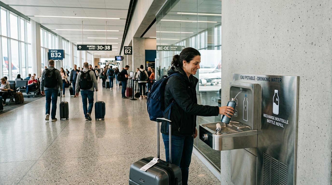 Fontaine à eau dans un aéroport après le contrôle de sécurité
