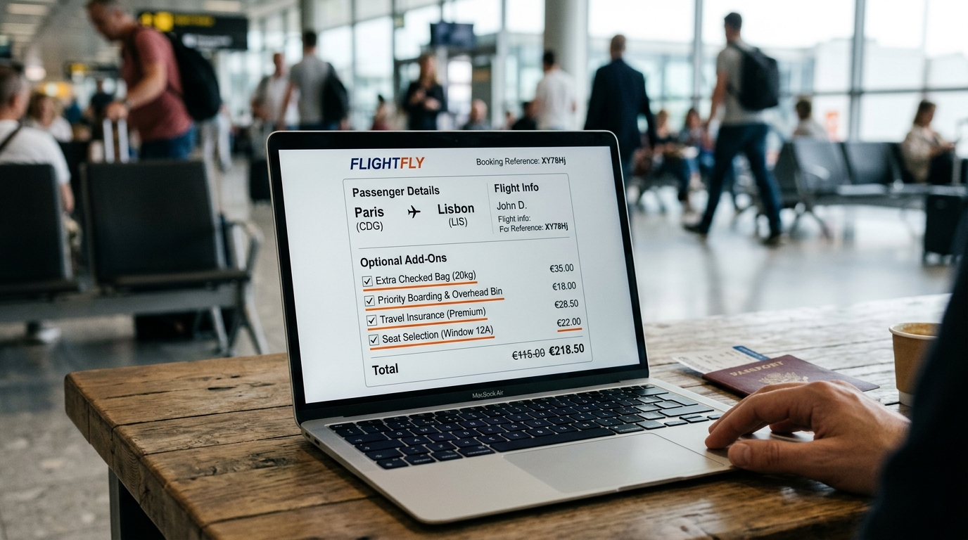Tableau comparatif des options payantes sur un formulaire de réservation de vol low cost