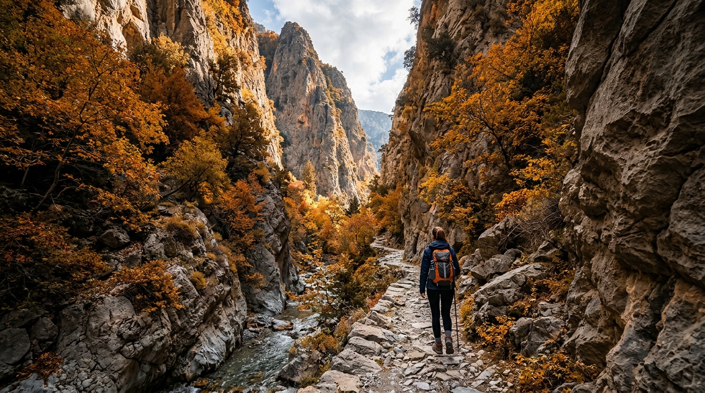 Gorges de Samaria en Crète en automne avec végétation colorée