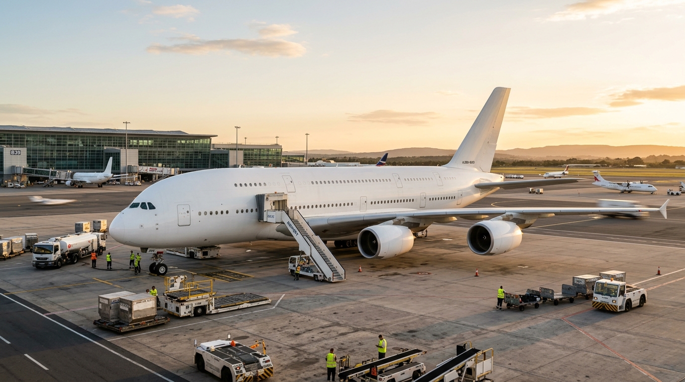 Vue extérieure de l'A380 Emirates sur le tarmac de Dubaï
