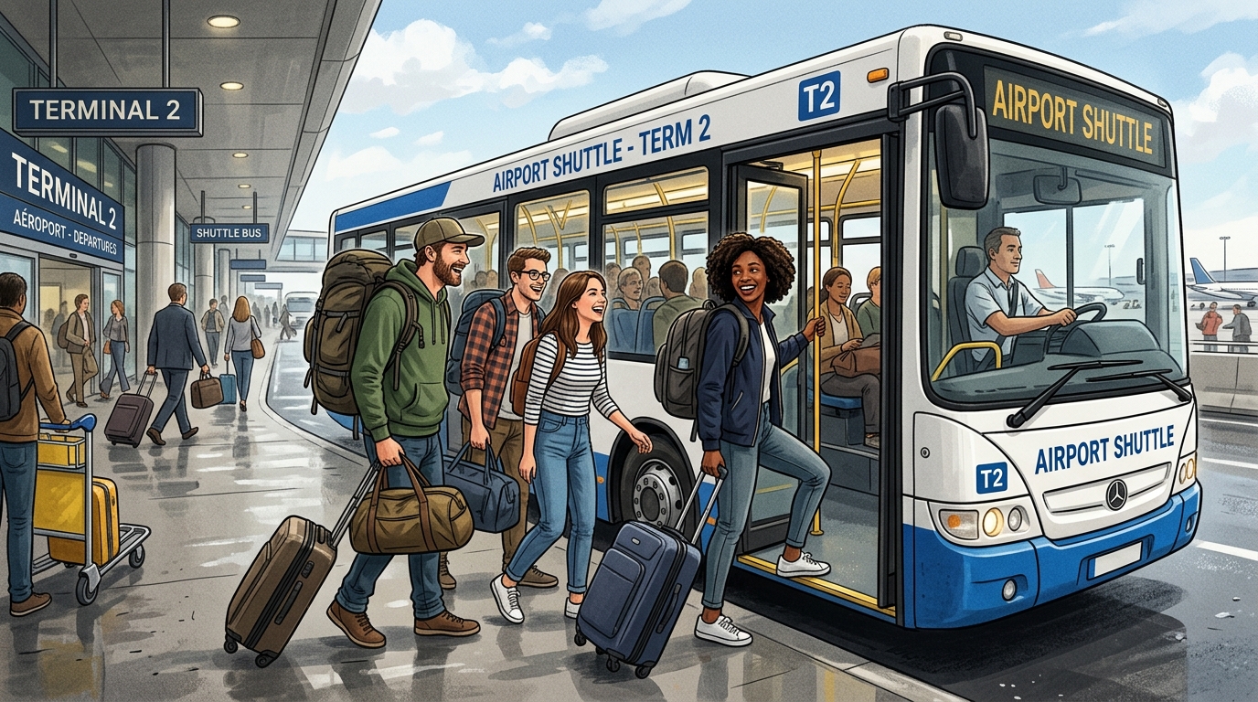 Groupe de voyageurs dans une navette en direction d'un aéroport régional