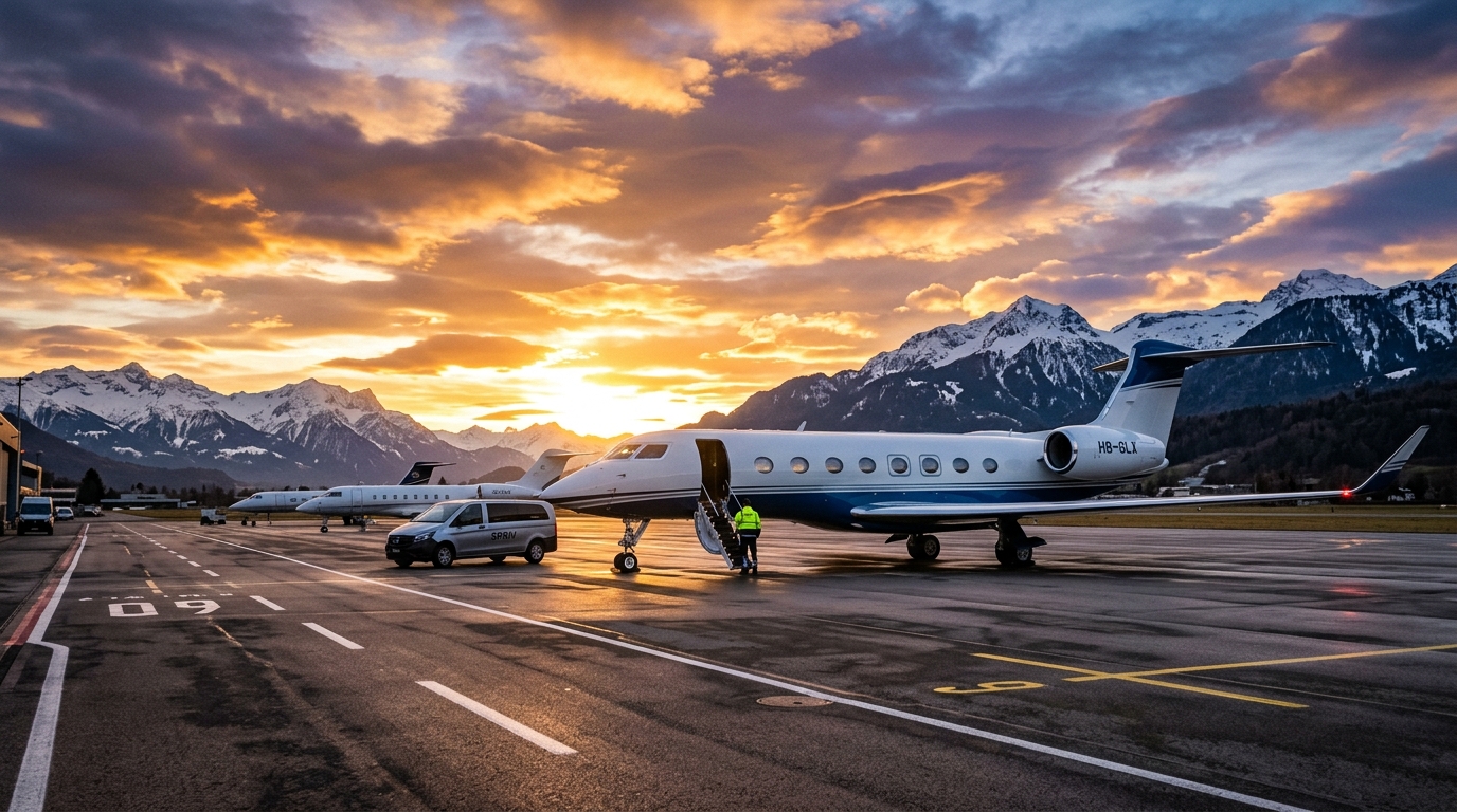 Gulfstream G650 sur le tarmac d'un aéroport privé au coucher du soleil