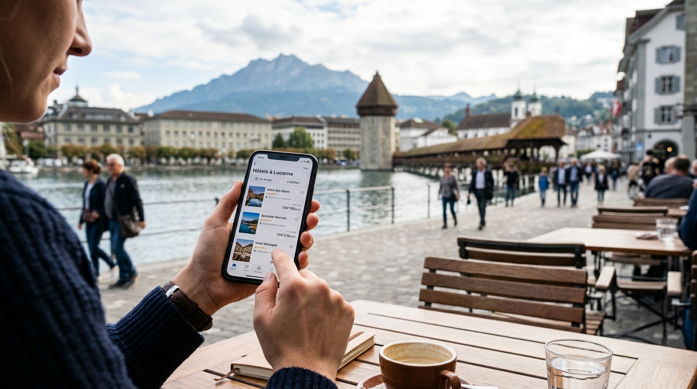 Interface de réservation hôtel sur smartphone avec résultats Booking