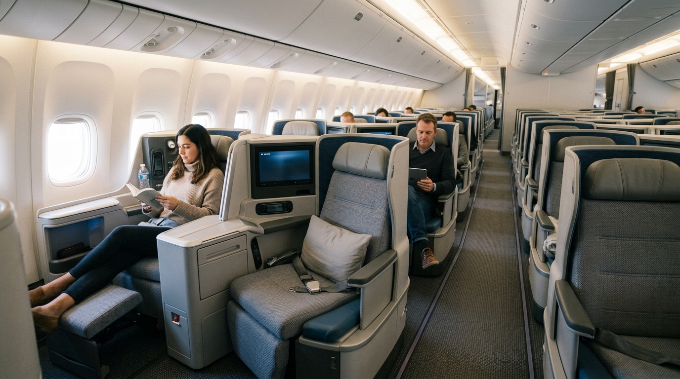 Intérieur cabine classe affaires d'un avion long courrier moderne