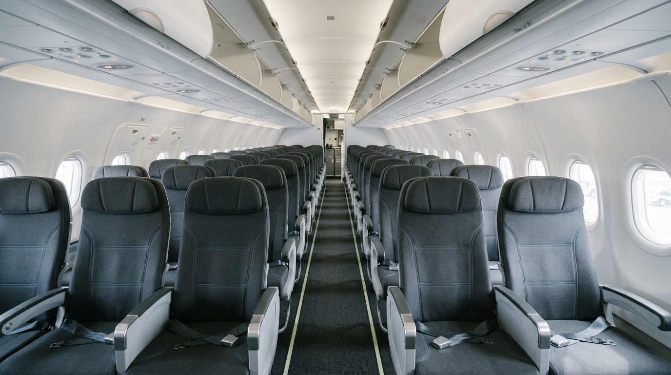 Intérieur cabine d'un Airbus A320neo avec rangées de sièges modernes