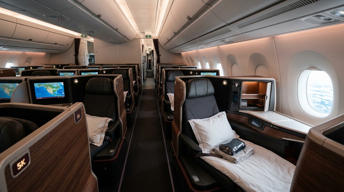 Cabine d'un avion long-courrier avec sièges business et éclairage tamisé